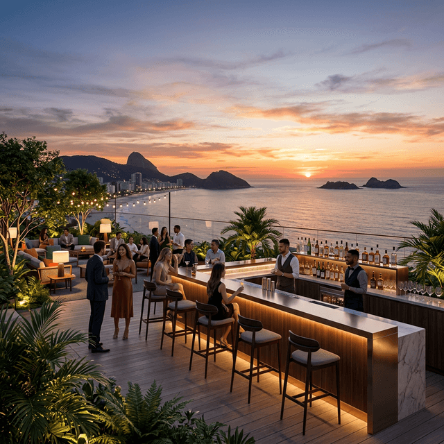 Studio compacto do Costa Niemeyer Made in Rio com cozinha linear, armários em madeira, sofá modular branco, mesa de jantar redonda, TV na parede e teto revestido em madeira.