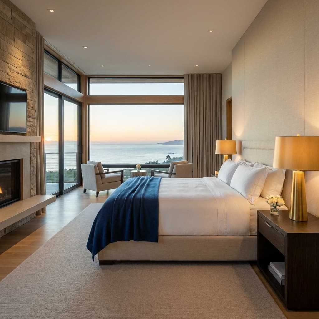 Suíte do Costa Niemeyer Made in Rio com cama king, painel de madeira na cabeceira, abajures laterais, tapete claro e acesso à varanda com cortina voile e vegetação tropical.