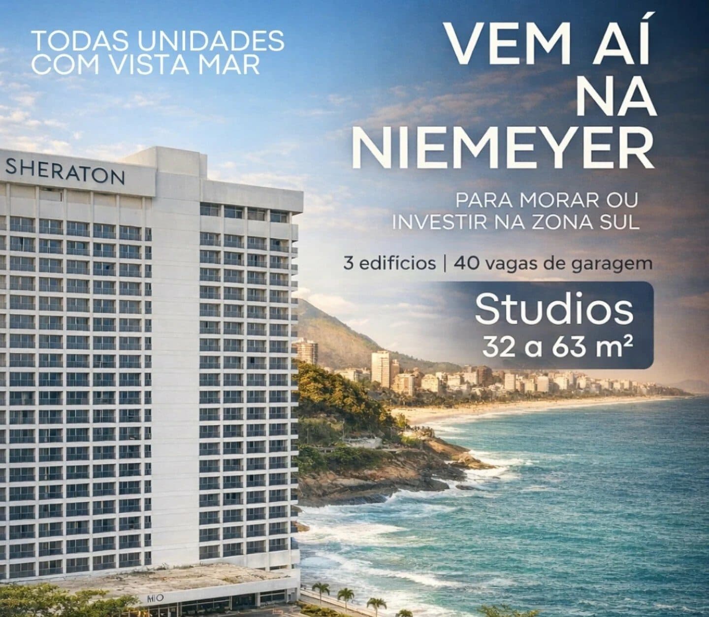 Rooftop do Costa Niemeyer Made in Rio com piscina, espreguiçadeiras, ombrelone, paisagismo tropical e vista para o Cristo Redentor e montanhas do Rio de Janeiro.