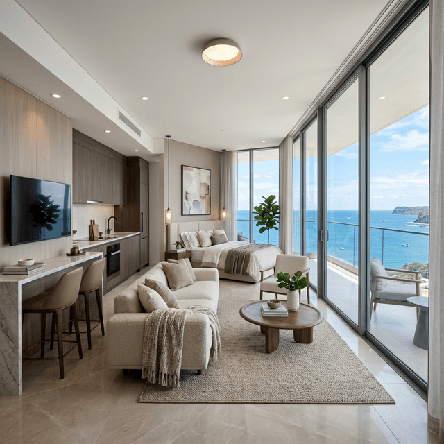 Studio de planta aberta do Costa Niemeyer Made in Rio com cozinha em madeira, lavadora embutida, península com bancada em mármore, sofá curvo, cama integrada, painel ripado e quadros decorativos.